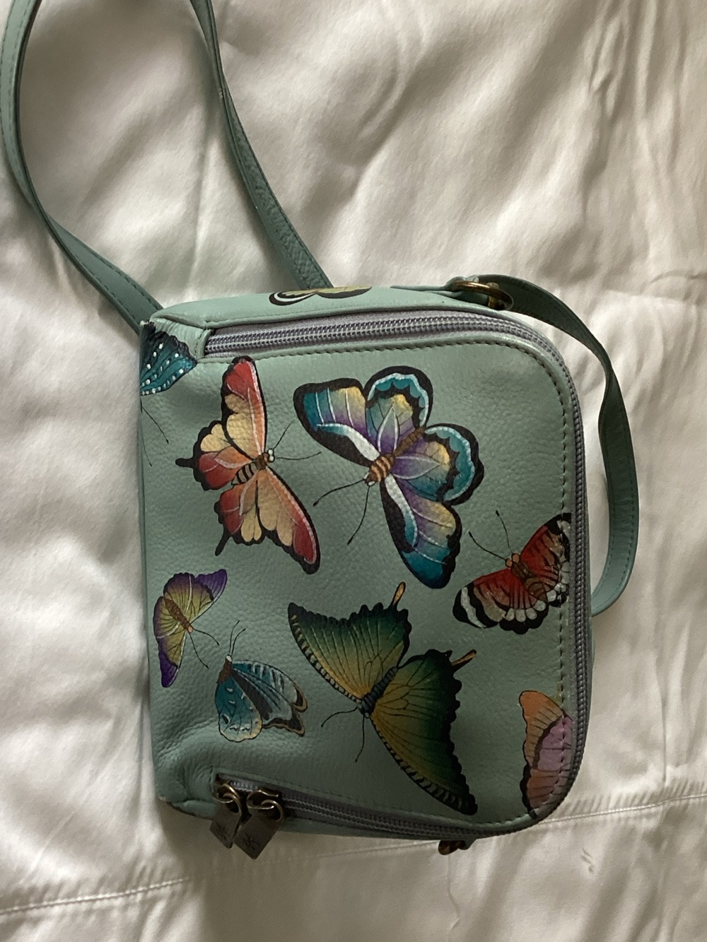Anuschka Mint Leather Crossbody with Multicolor Butterfly Accents - Picture 3 of 5